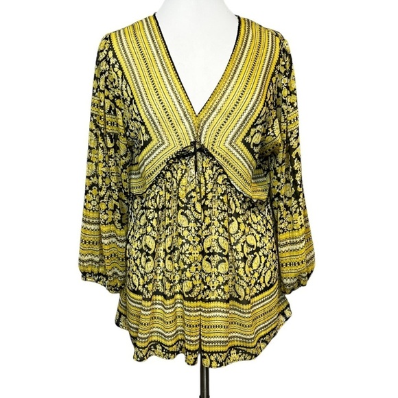 ROSE & Olive Boho Babydoll Style Blouse Black Citron Metallic Gold Mixed Print - Picture 1 of 5